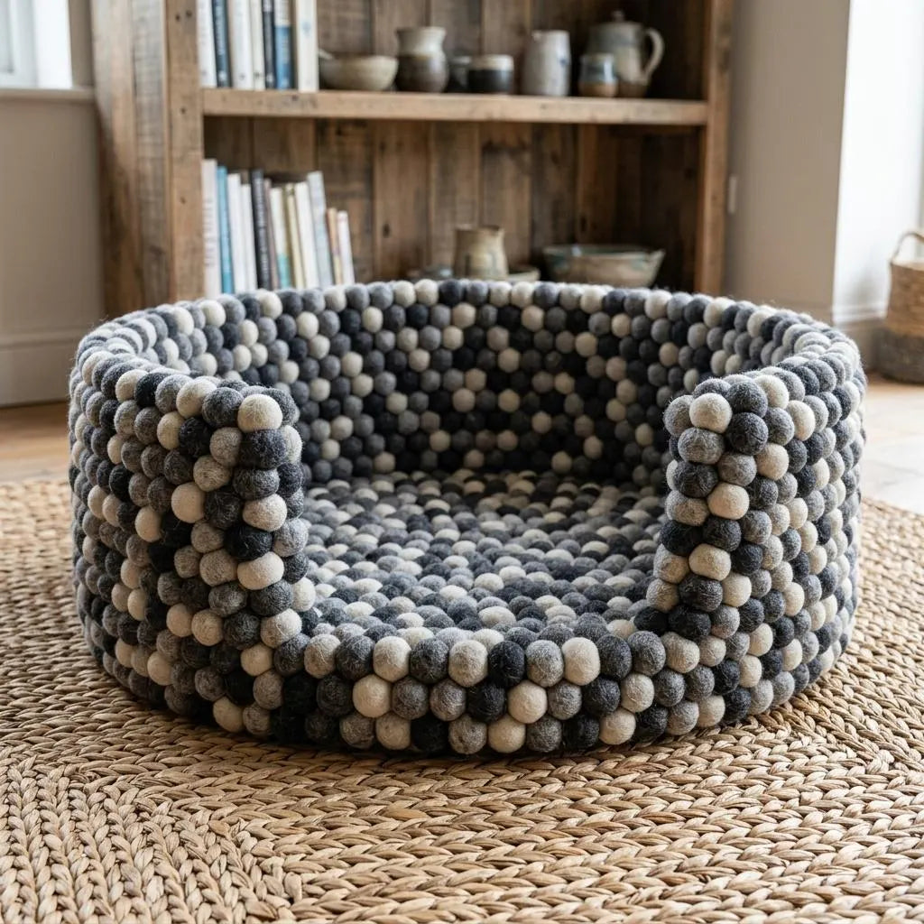Handmade wool felt ball dog bed in monochrome – view 2