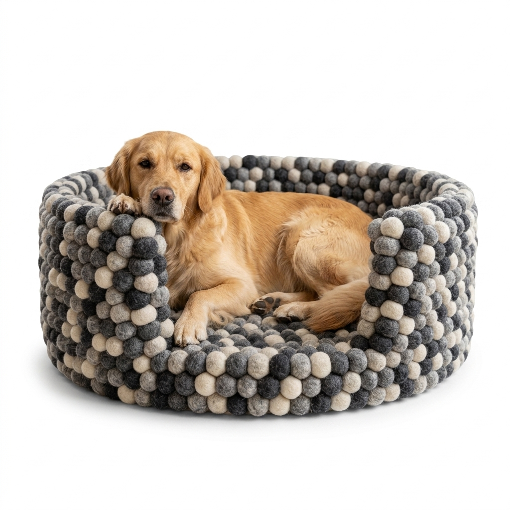 Handmade wool felt ball dog bed in monochrome