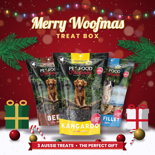 Woofmas Treat Box – kangaroo liver, beef liver and fish fillet dog treats with Christmas decorations